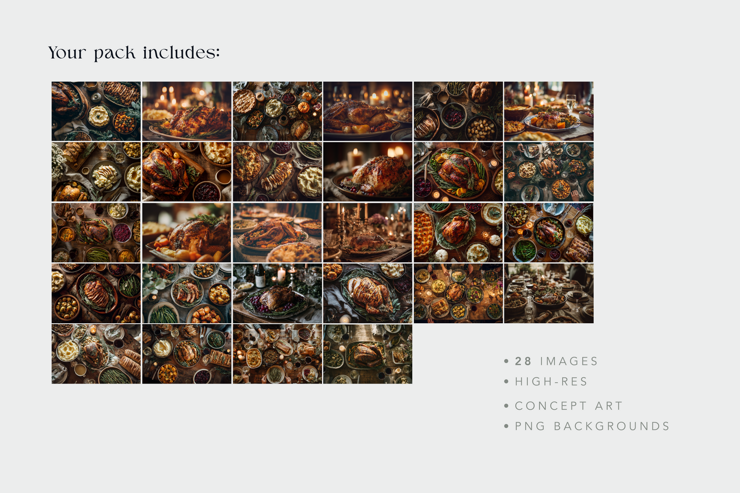 Collage of high-resolution images of food and table settings with text indicating the number of images included.
