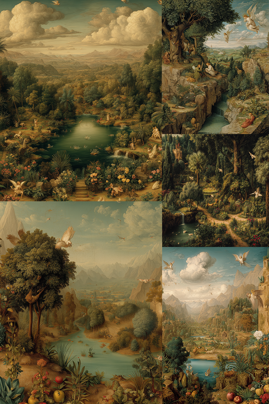 Collage of a classical landscape painting with various elements like trees, water bodies, and animals.