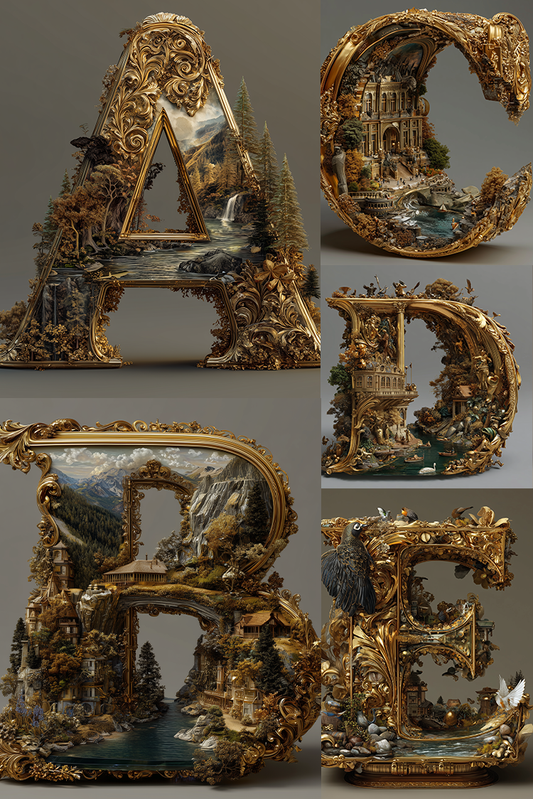 Decorative letters A, C, D, E with miniature landscapes inside each letter.