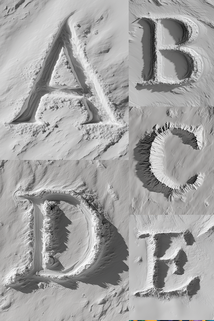  letters A, B, C, D, and E on a snowy surface