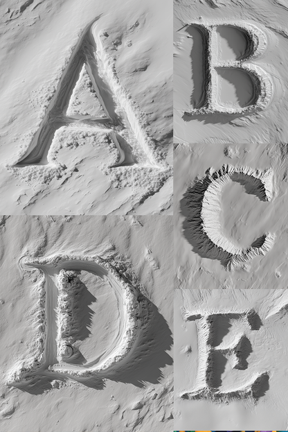  letters A, B, C, D, and E on a snowy surface