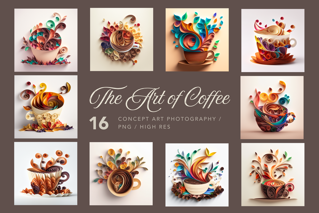 A collection of colorful and creatively designed coffee images, with a variety of coffee beverages and ornate coffee cup designs, under the title 'The Art of Coffee'.
