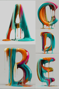 Five dripping decorative letters A through E rendered in glossy multicolor paint on a light gray background.