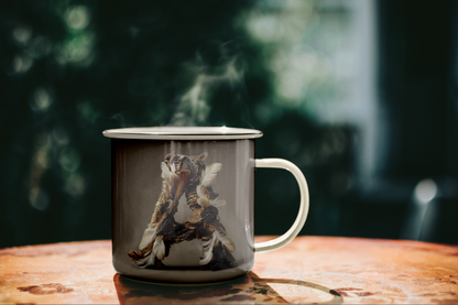 Mug with a bear design on a wooden surface with a blurred natural background