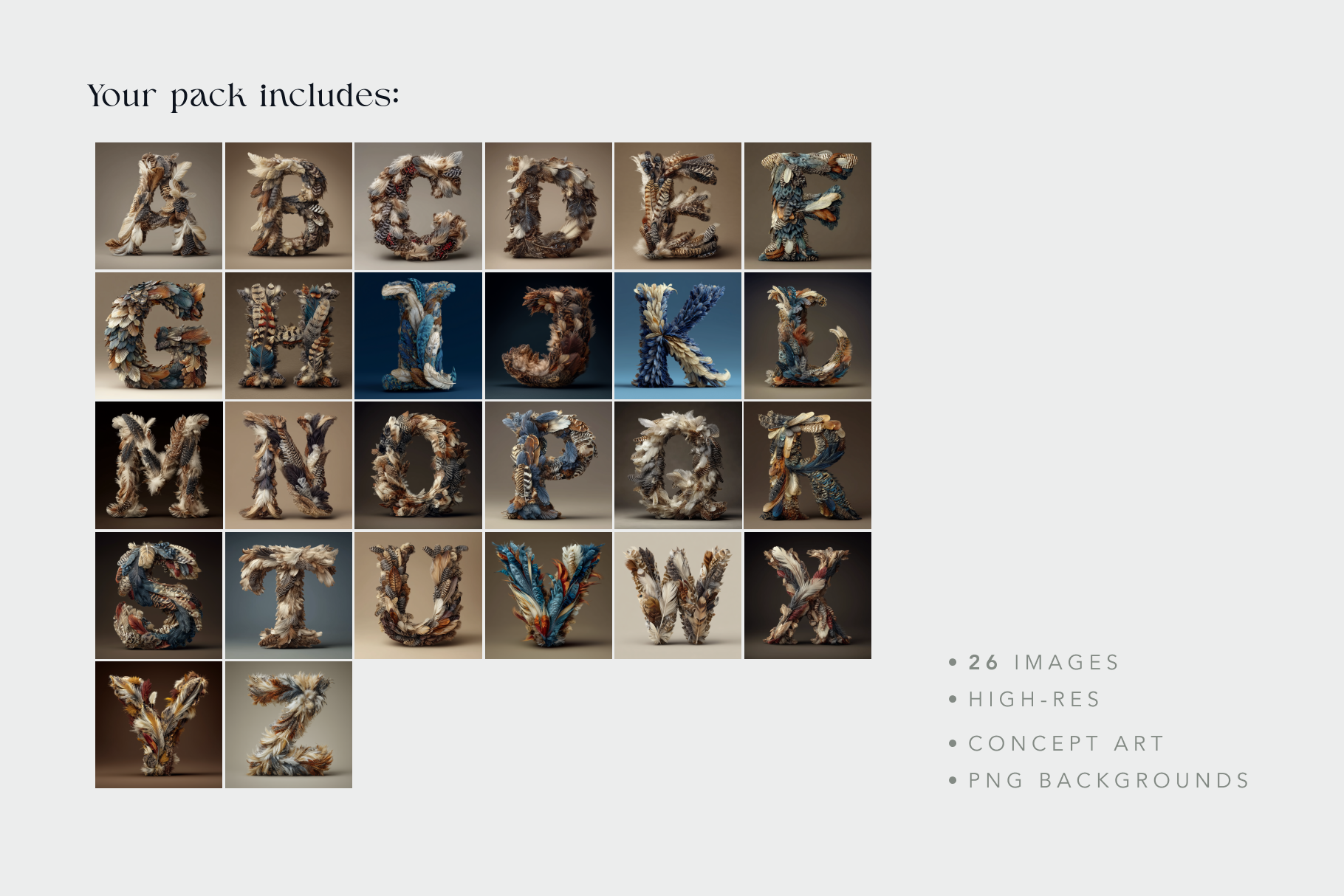 Alphabet letters made of stone on a white background with text indicating the quantity and quality of images included.