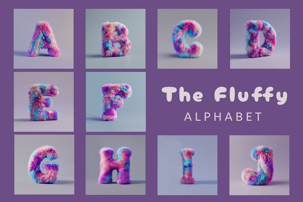 A collection of letters of the alphabet crafted from plush, fluffy material in various colors, presented against a purple background with the title 'The Fluffy Alphabet'.