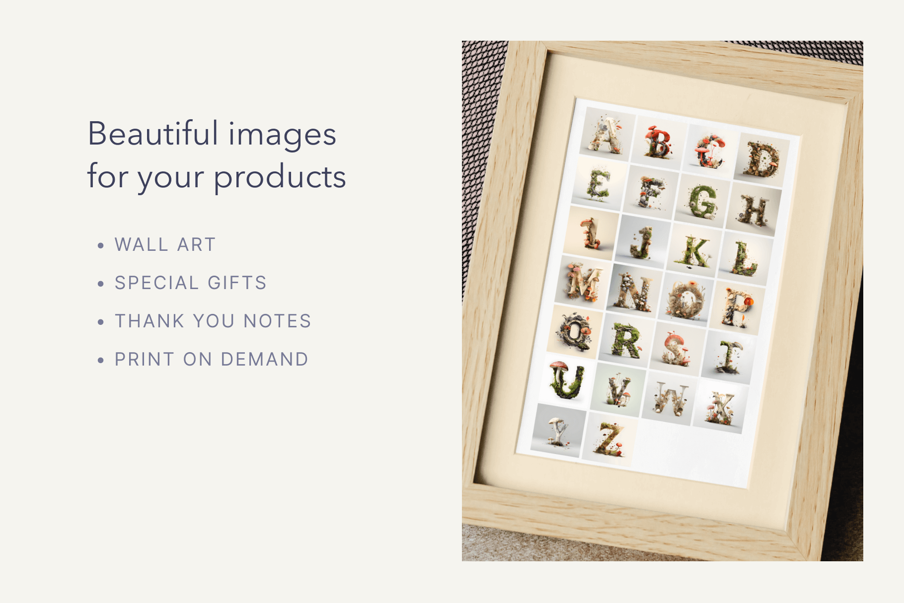 A photograph of a framed artwork of a fungal themed alphabet showing all letters in square boxes.