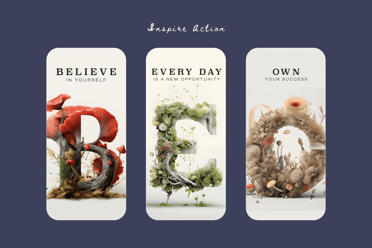 A series of social media posts of the letters B, E, and O made of fungal elements and forestry themed colours, on white backgrounds.