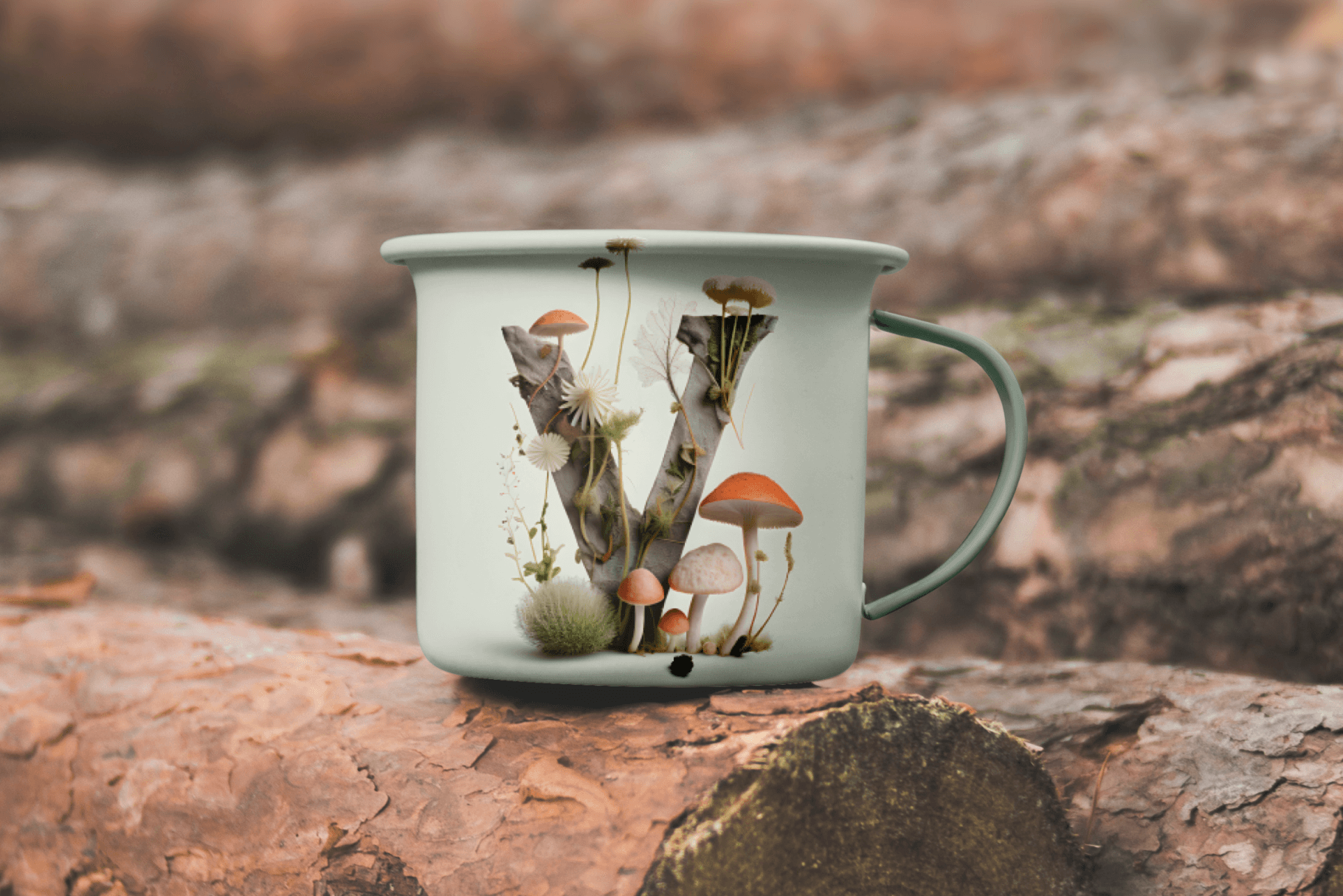 A photograph of a tinned mug with the letter V made of fungal elements and forestry themed colours with a log background.