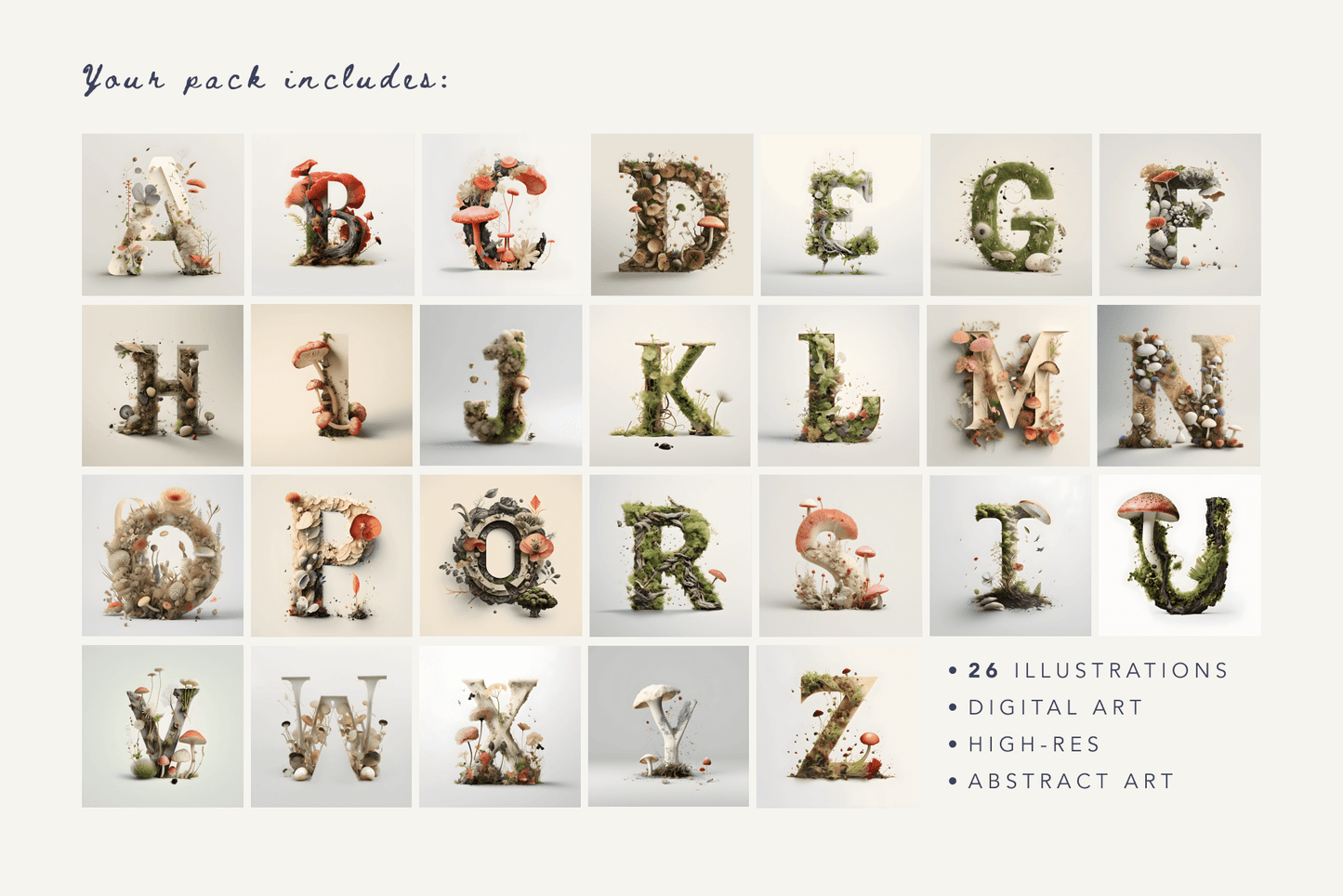 All the letters of the alphabet made of fungal elements and forestry themed colours.