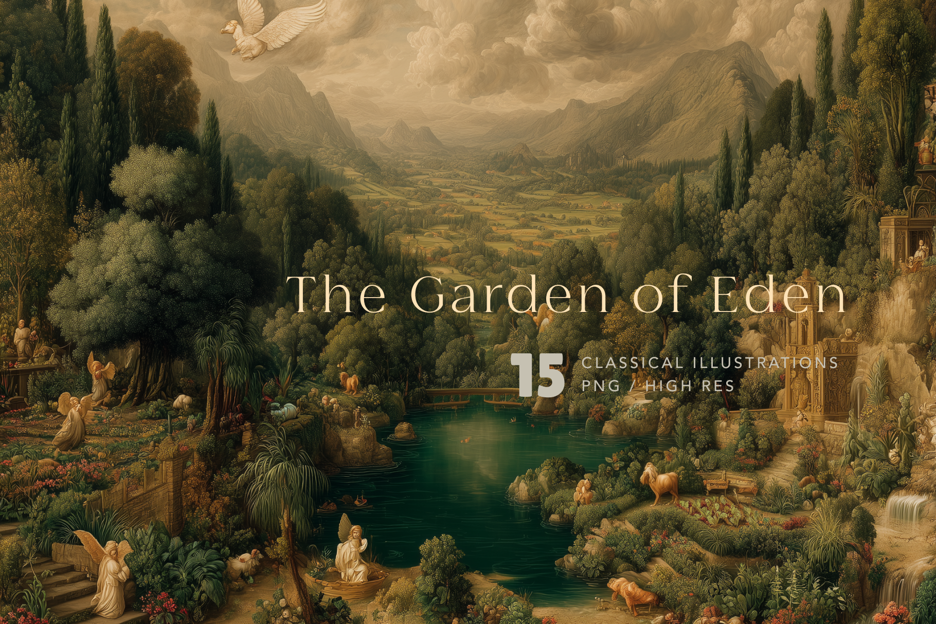 Illustration of the Garden of Eden with classical elements and a dove in the sky.