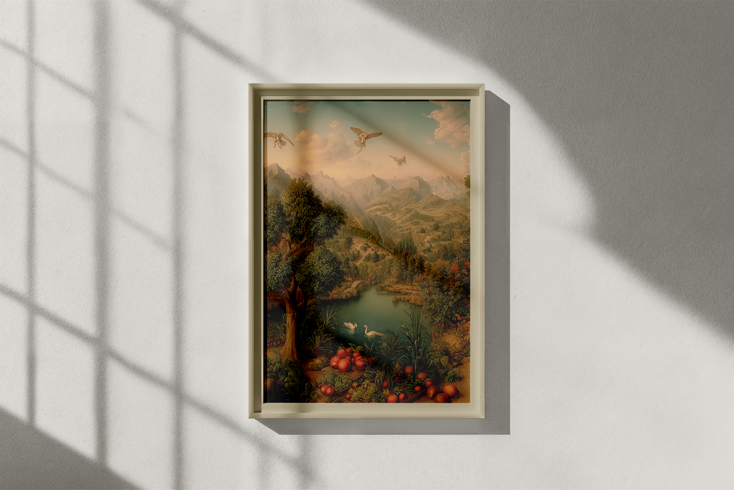 Framed landscape painting on a wall with sunlight casting shadows.