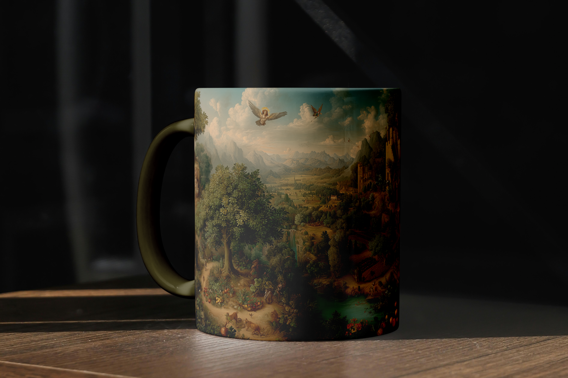 Mug with a scenic landscape design on a dark background