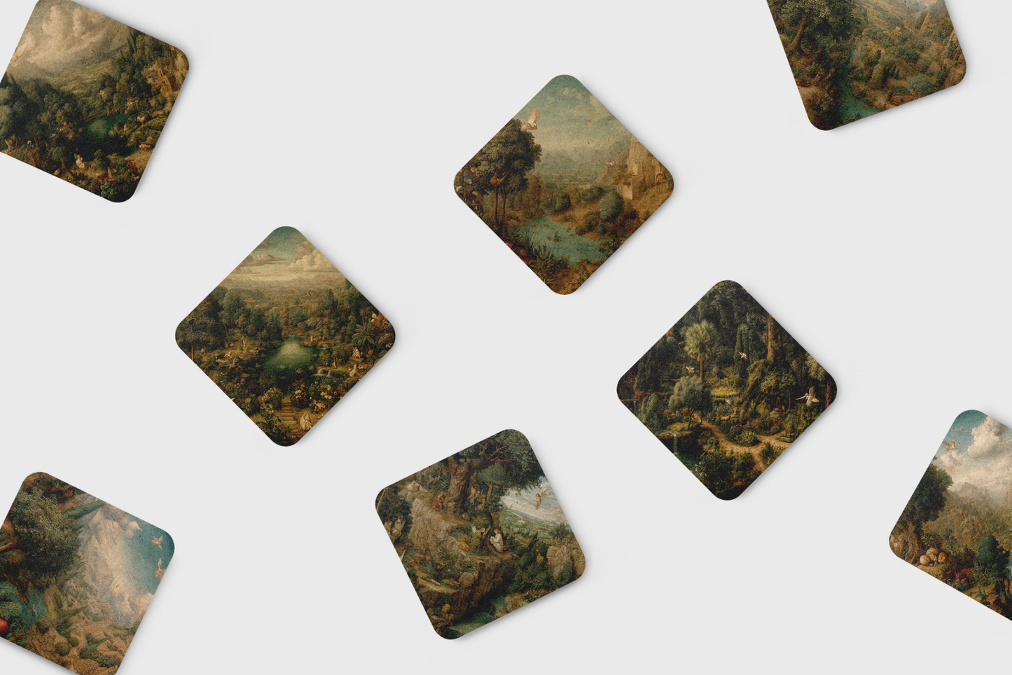 Set of square coasters with a nature-themed design on a white background