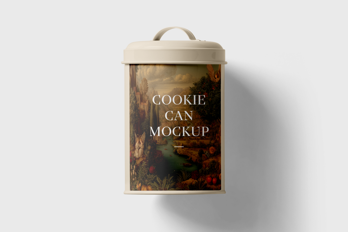 Cookie can mockup with decorative label on a white background