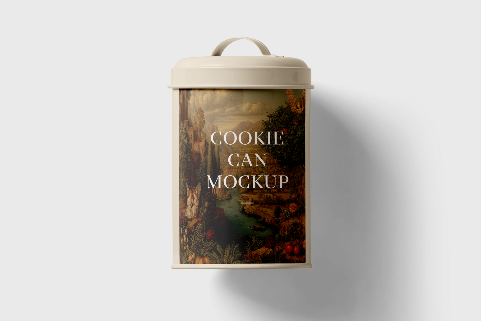 Cookie can mockup with decorative label on a white background