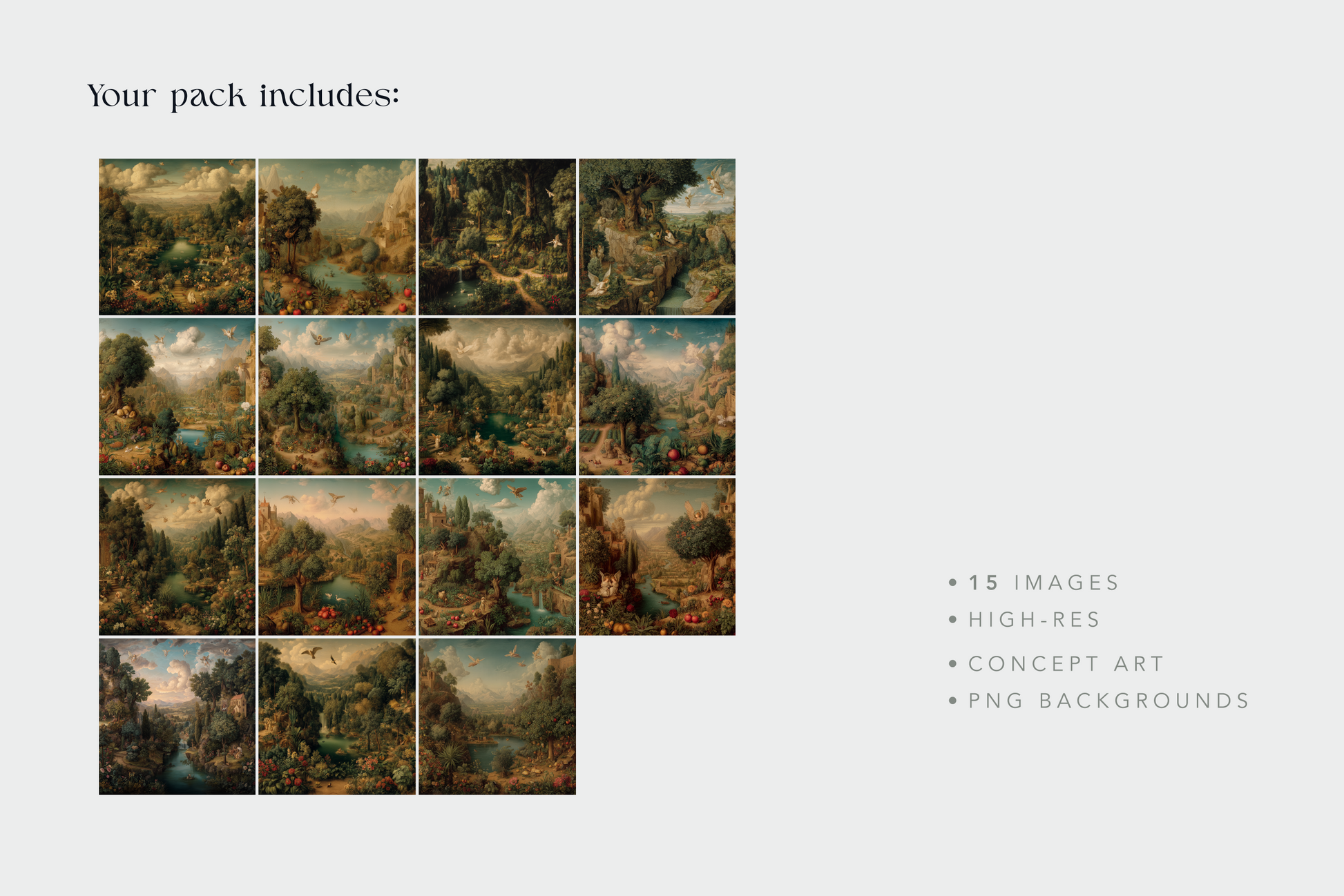 Grid of landscape paintings with descriptive text on a light gray background