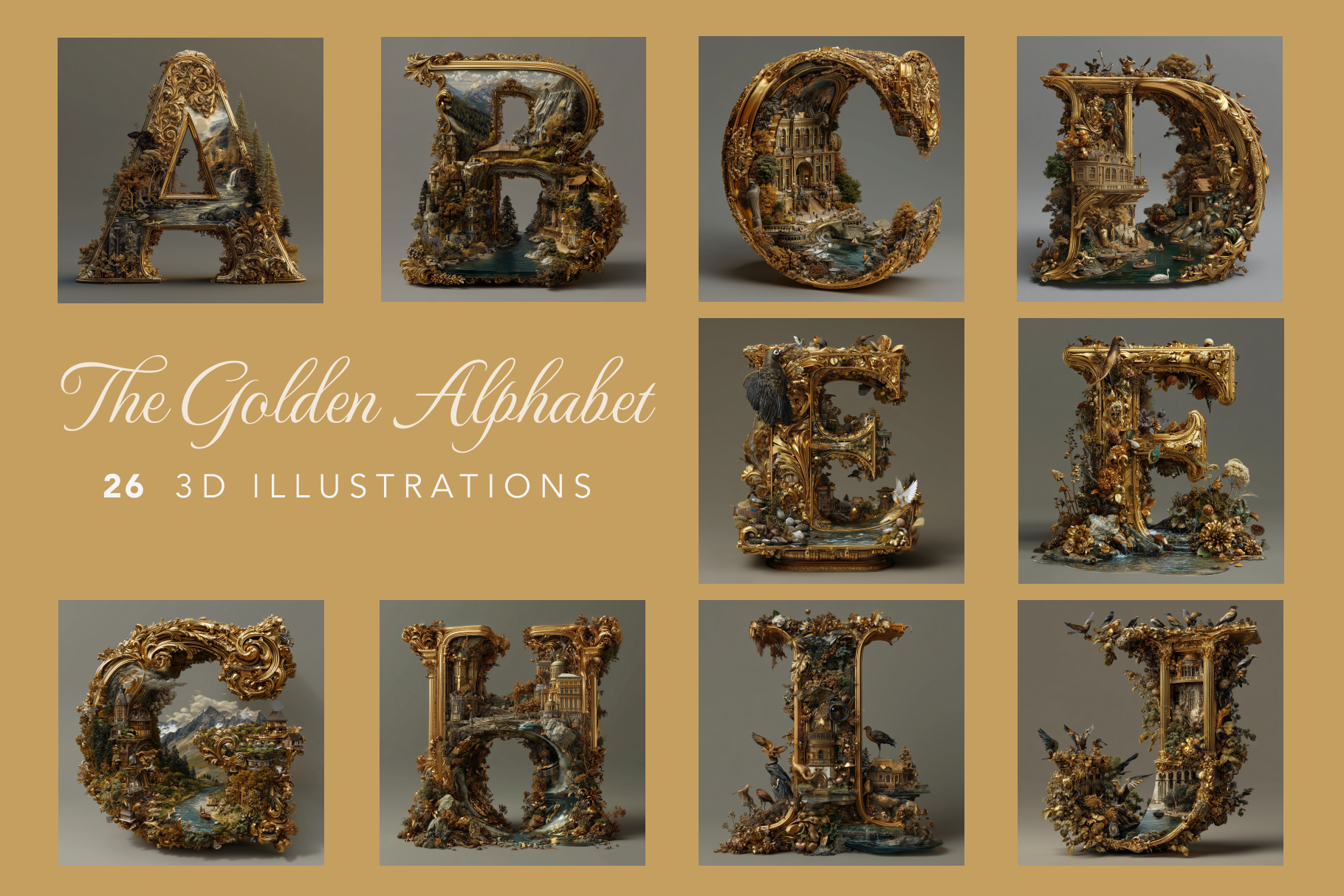 Decorative 3D letters A to J on a beige background with 'The Golden Alphabet' text.
