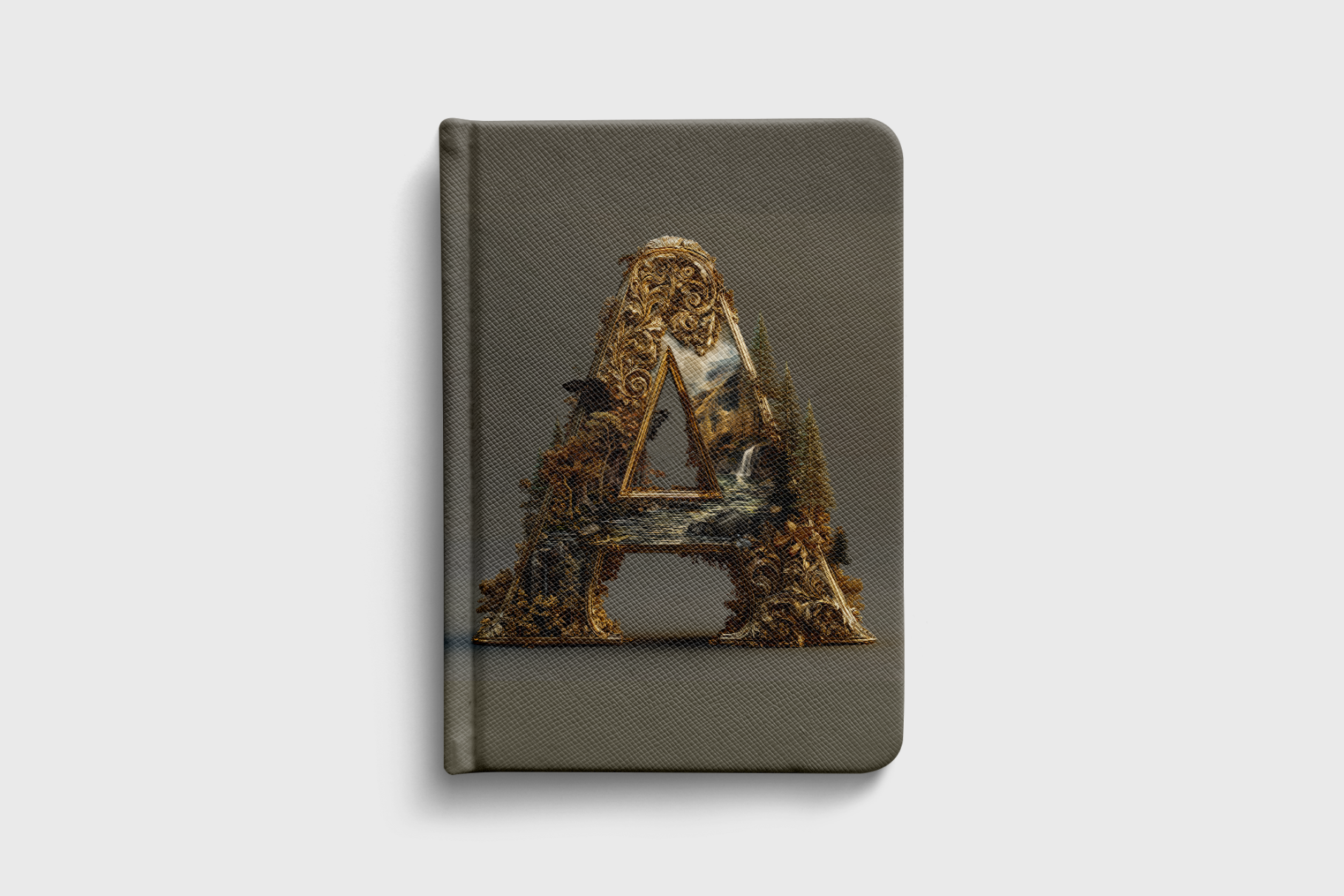 Notebook with a decorative letter 'A' on a gray background