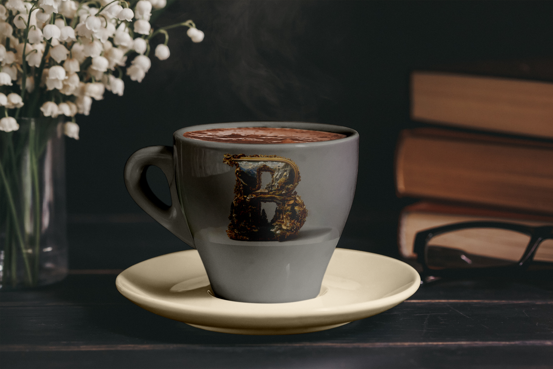 Gray mug with a logo on a saucer, surrounded by white flowers and books on a dark surface