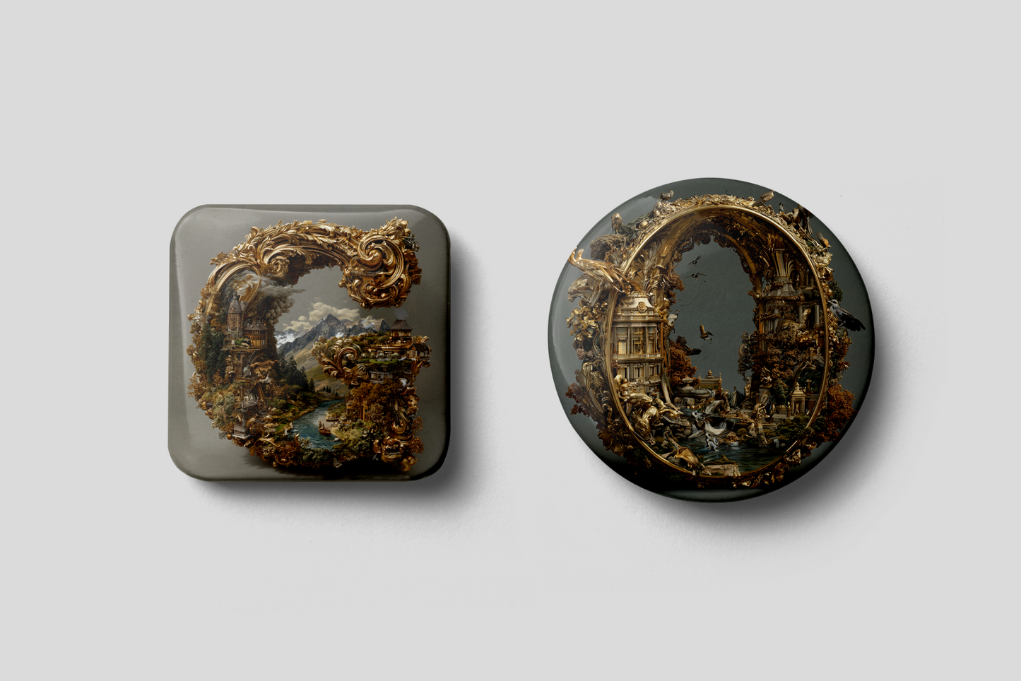 Two decorative items with intricate designs on a light gray background