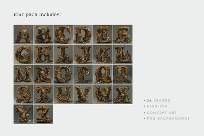 Decorative metallic letters A to Z on a gray background with text indicating product details.