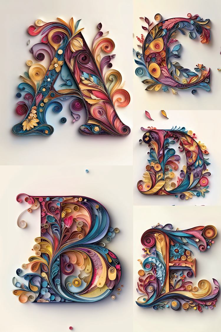 Five decorative capital letters A through E rendered in intricate, colorful quill or paper-folding style with swirling floral and scroll motifs on a light cream background.