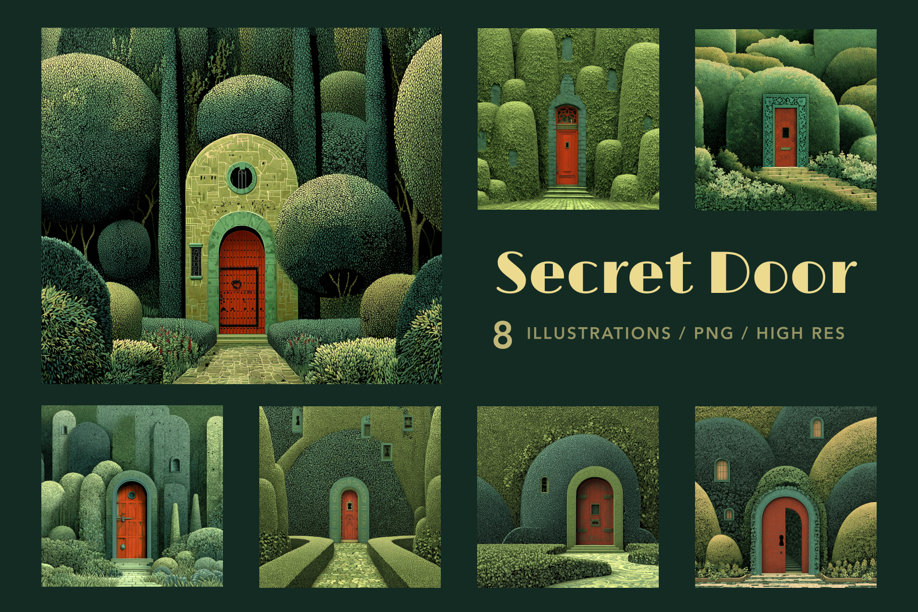 Illustrations of a red door in a green, forest-like setting with the text 'Secret Door' and '8 Illustrations / PNG / High Res'.