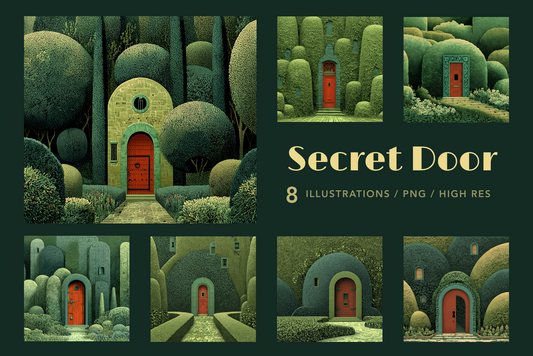 Illustrations of a red door in a green, forest-like setting with the text 'Secret Door' and '8 Illustrations / PNG / High Res'.