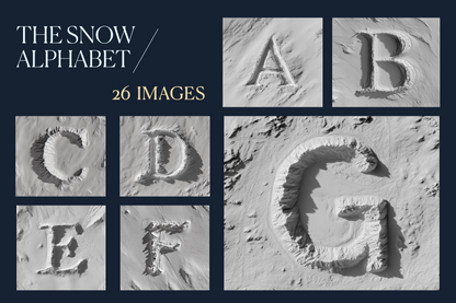 Snow alphabet letters A to G on a textured surface with text 'The Snow Alphabet' and '26 Images'.