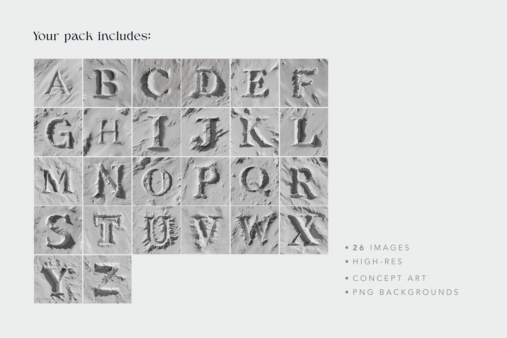 Stylized alphabet letters arranged in a grid on a light gray background.