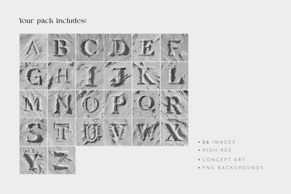 Stylized alphabet letters arranged in a grid on a light gray background.