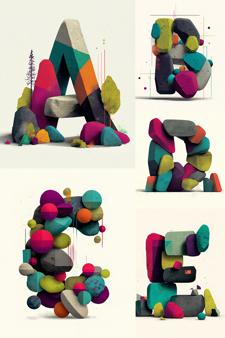 Colorful 3D letters 'A', 'E', and 'G' made from interlocking geometric shapes on a white background.