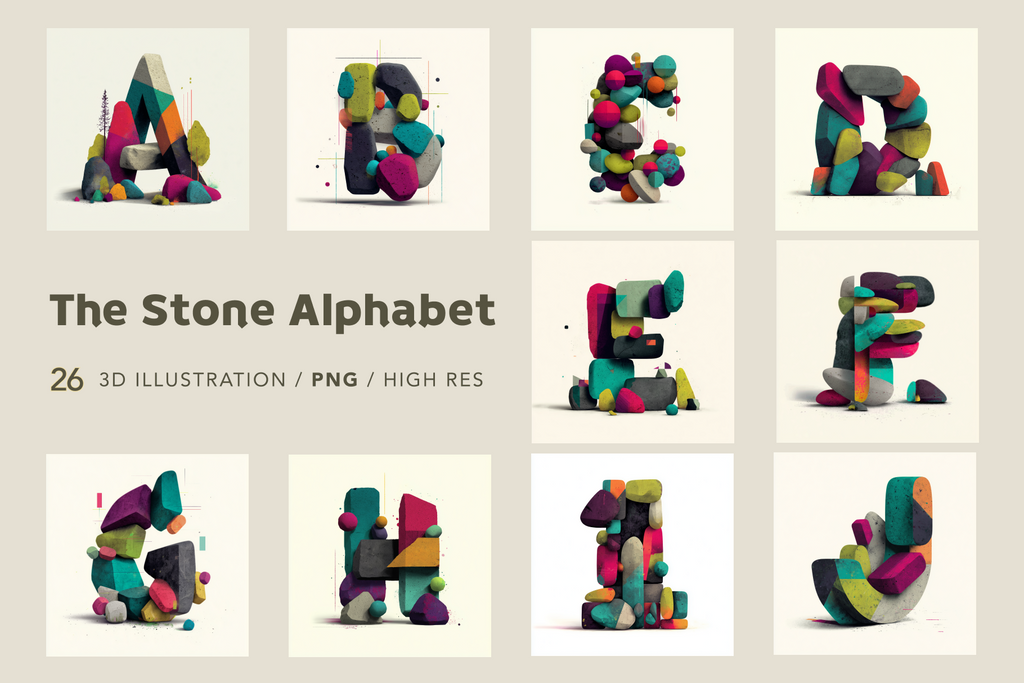 Colorful 3D stone alphabet letters on a beige background