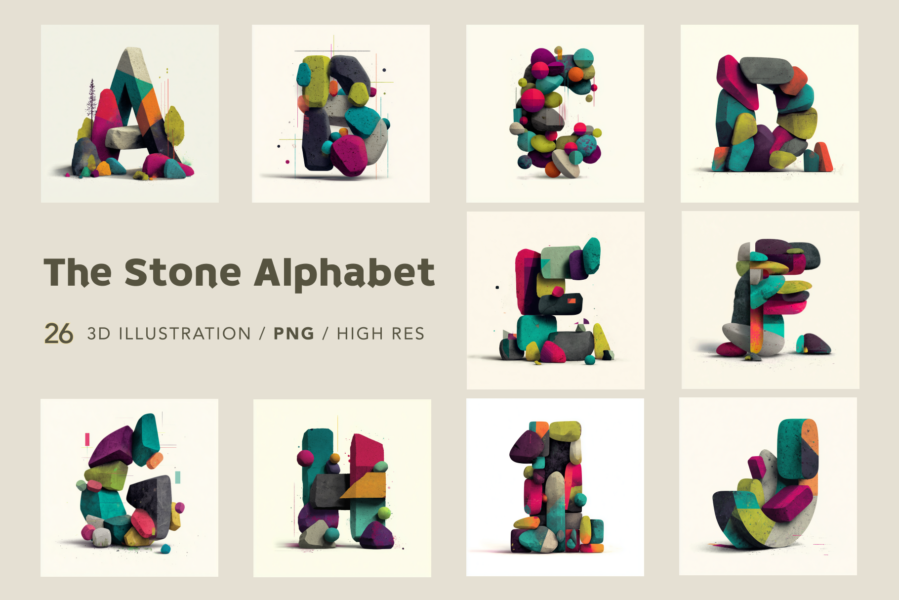 Colorful 3D stone alphabet letters on a beige background