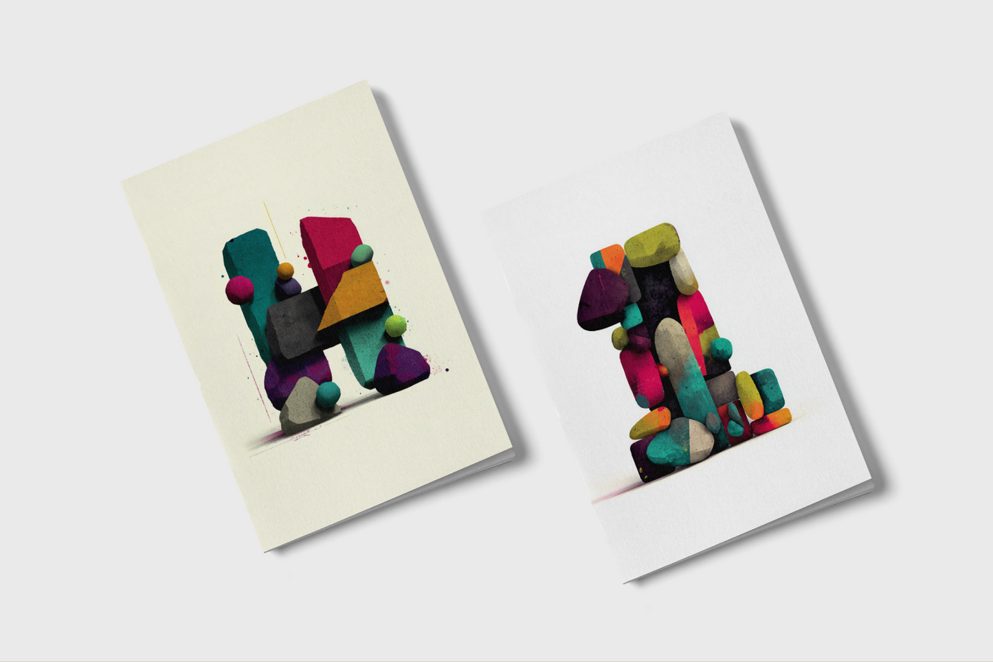 Two greeting cards with colorful abstract designs on a white background
