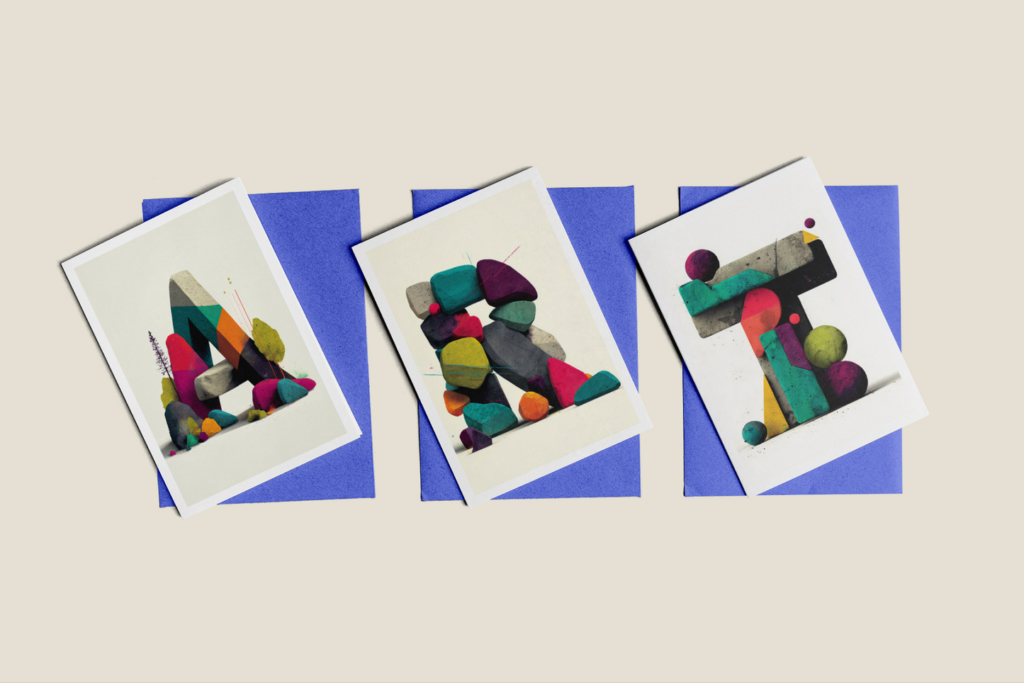 Three cards with colorful abstract designs on a blue striped background