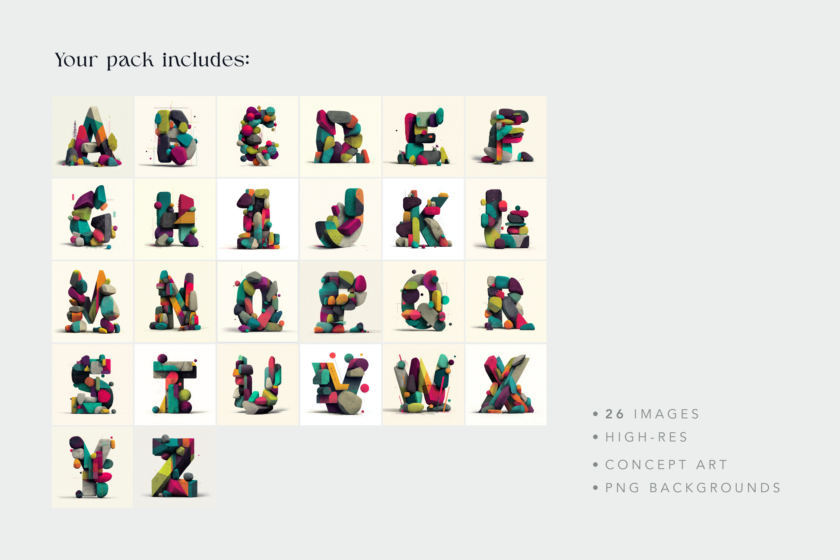 Colorful 3D letter display with text on a light gray background