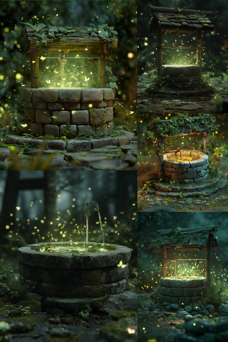 A collage of five fantasy-style outdoor scenes featuring stone wells and small wooden structures glowing with green light and surrounded by floating golden sparkles in a dark forest setting.