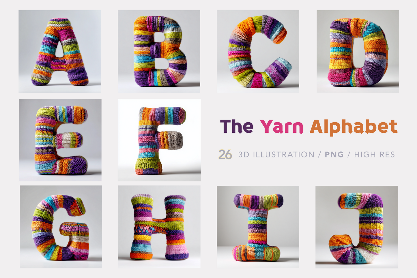 Colorful yarn letters A to J on a gray background with 'The Yarn Alphabet' text.