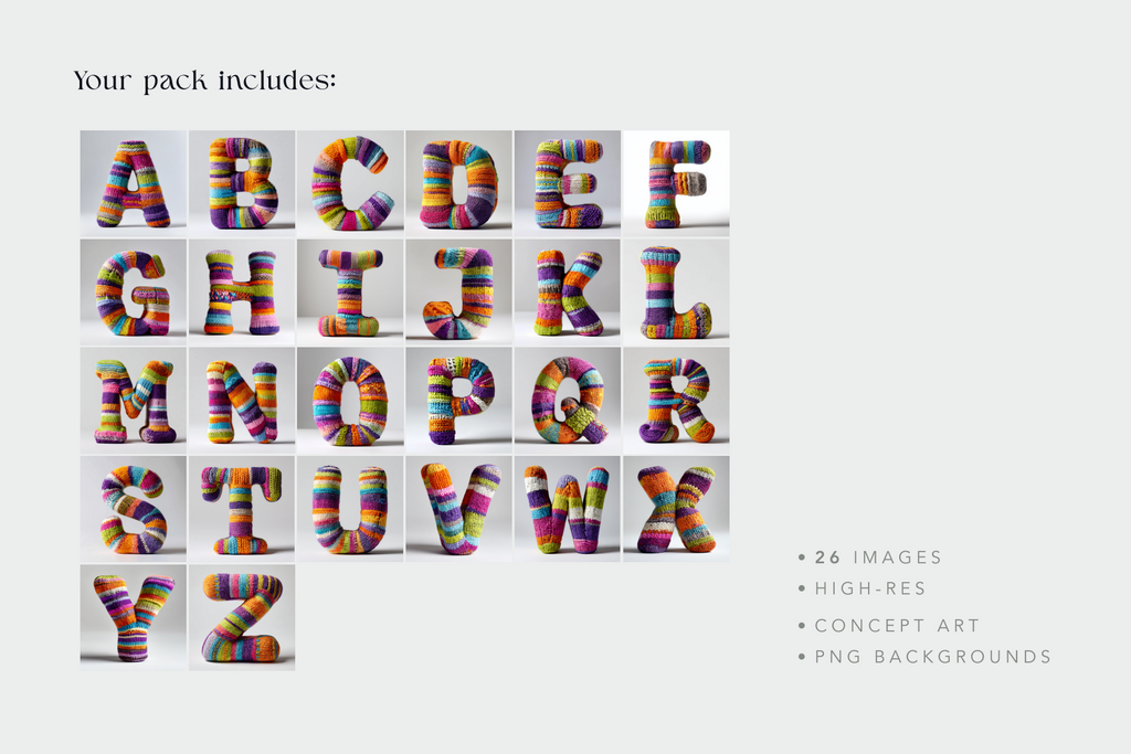 Colorful alphabet letters arranged in a grid on a white background with text about the pack contents.