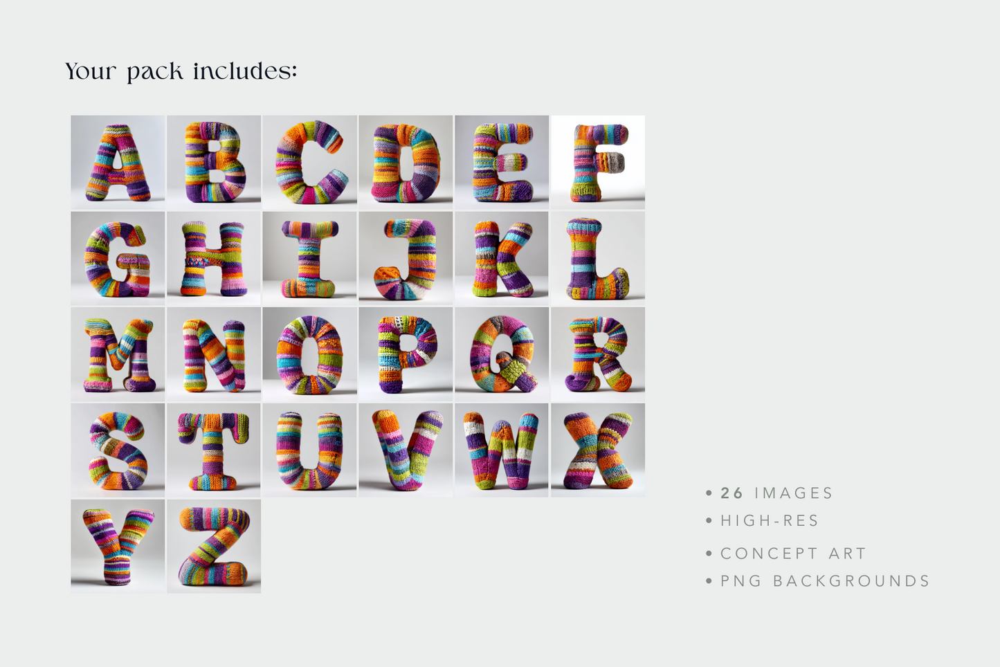Colorful alphabet letters arranged in a grid on a white background with text about the pack contents.