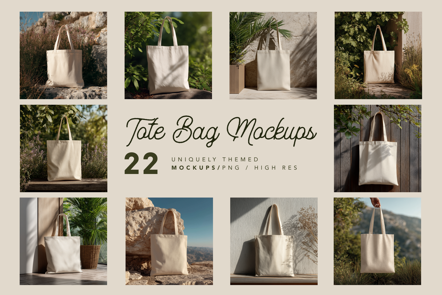 Collage of tote bags in various outdoor settings with text overlay.