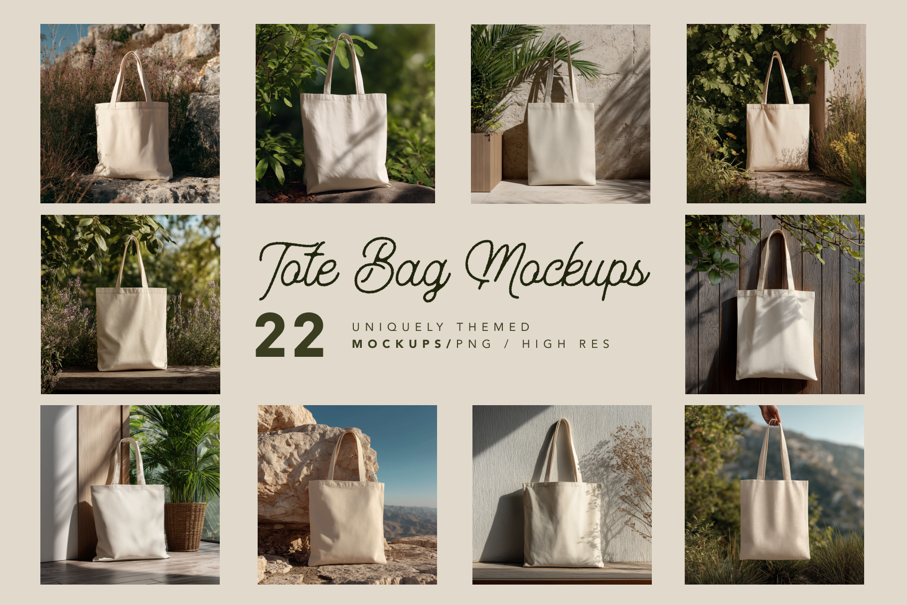 Collage of tote bags in various outdoor settings with text overlay.