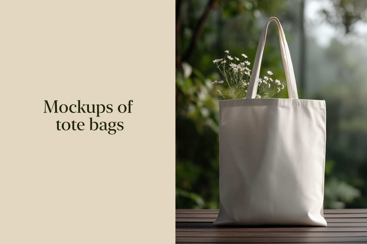White tote bag with flowers on a wooden surface outdoors