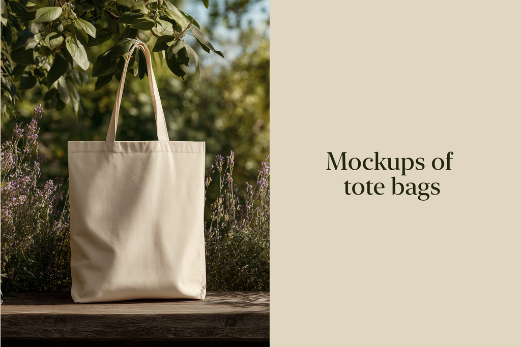 Beige tote bag on a wooden surface with nature in the background, labeled 'Mockups of tote bags'.