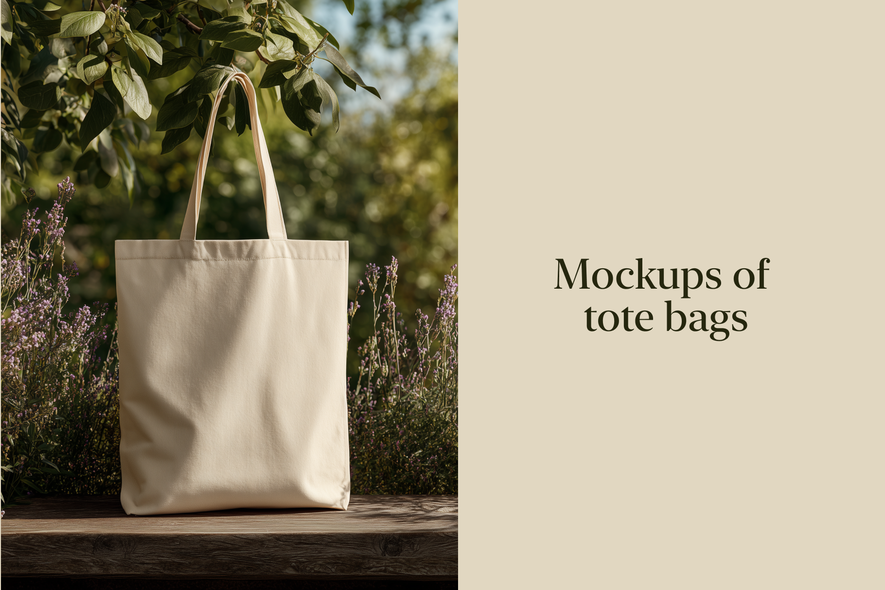 Beige tote bag on a wooden surface with nature in the background, labeled 'Mockups of tote bags'.