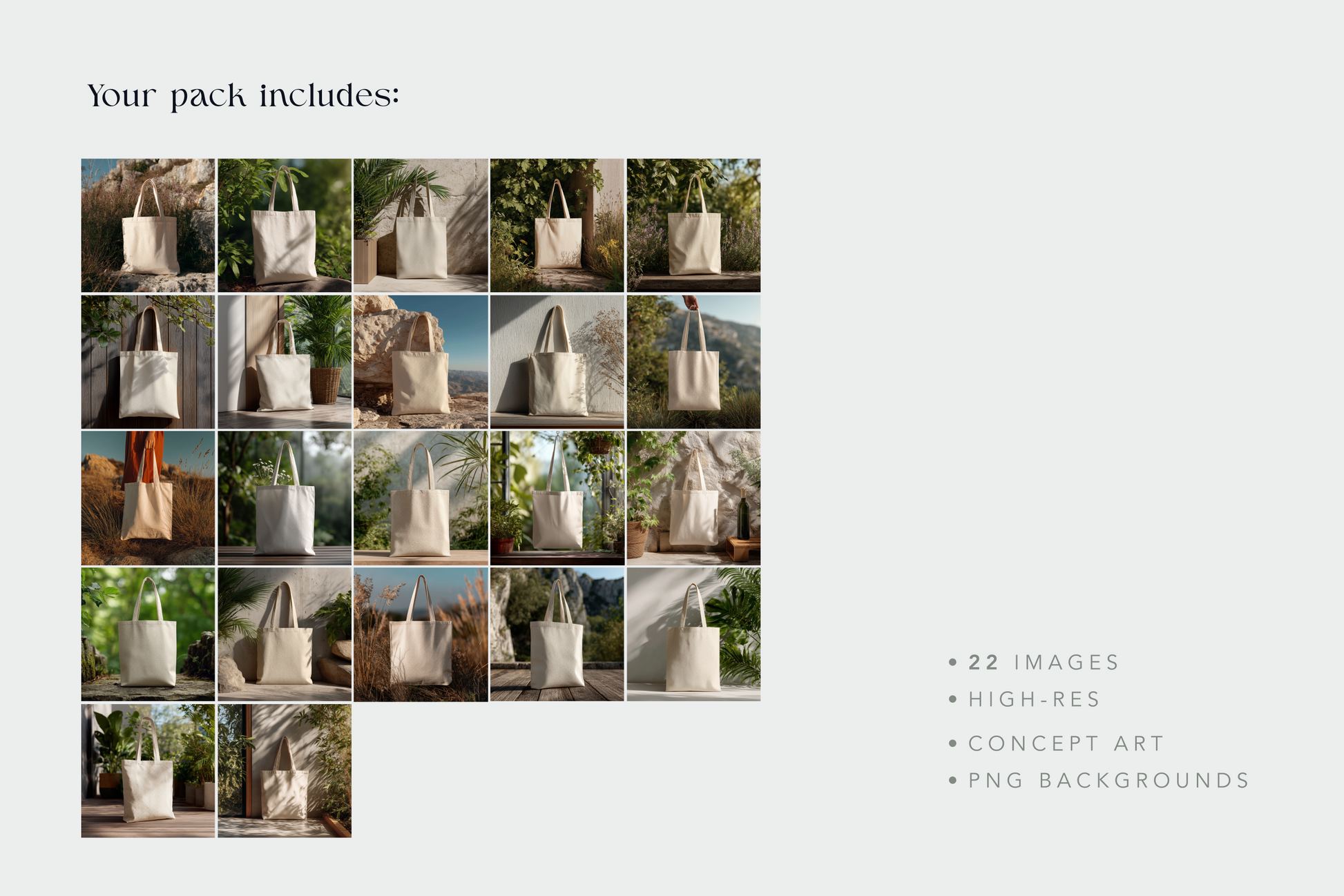 Grid of tote bags with scenic backgrounds, promotional text about package contents.