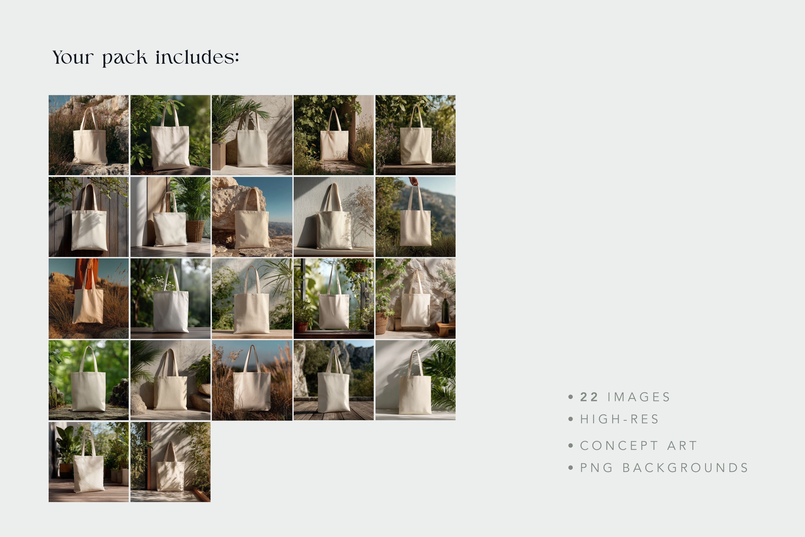 Grid of tote bags with scenic backgrounds, promotional text about package contents.