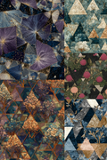 A collage of six distinct fabric or wallpaper patterns arranged in a 3x2 grid, featuring abstract floral, geometric, and botanical designs in deep blues, purples, greens, gold, and pink.